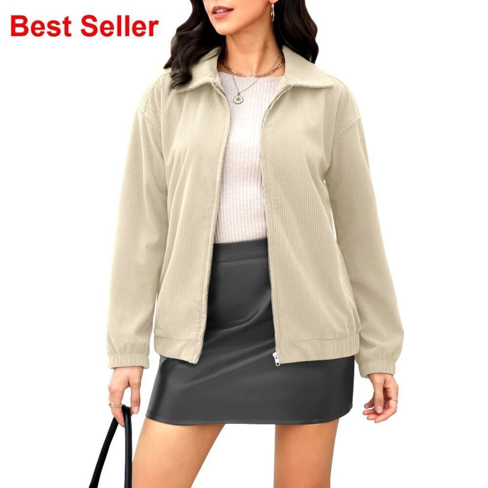 Corduroy Zip-Up Jacket with Lapel Collar, Oversized Fit for Fall Winter
